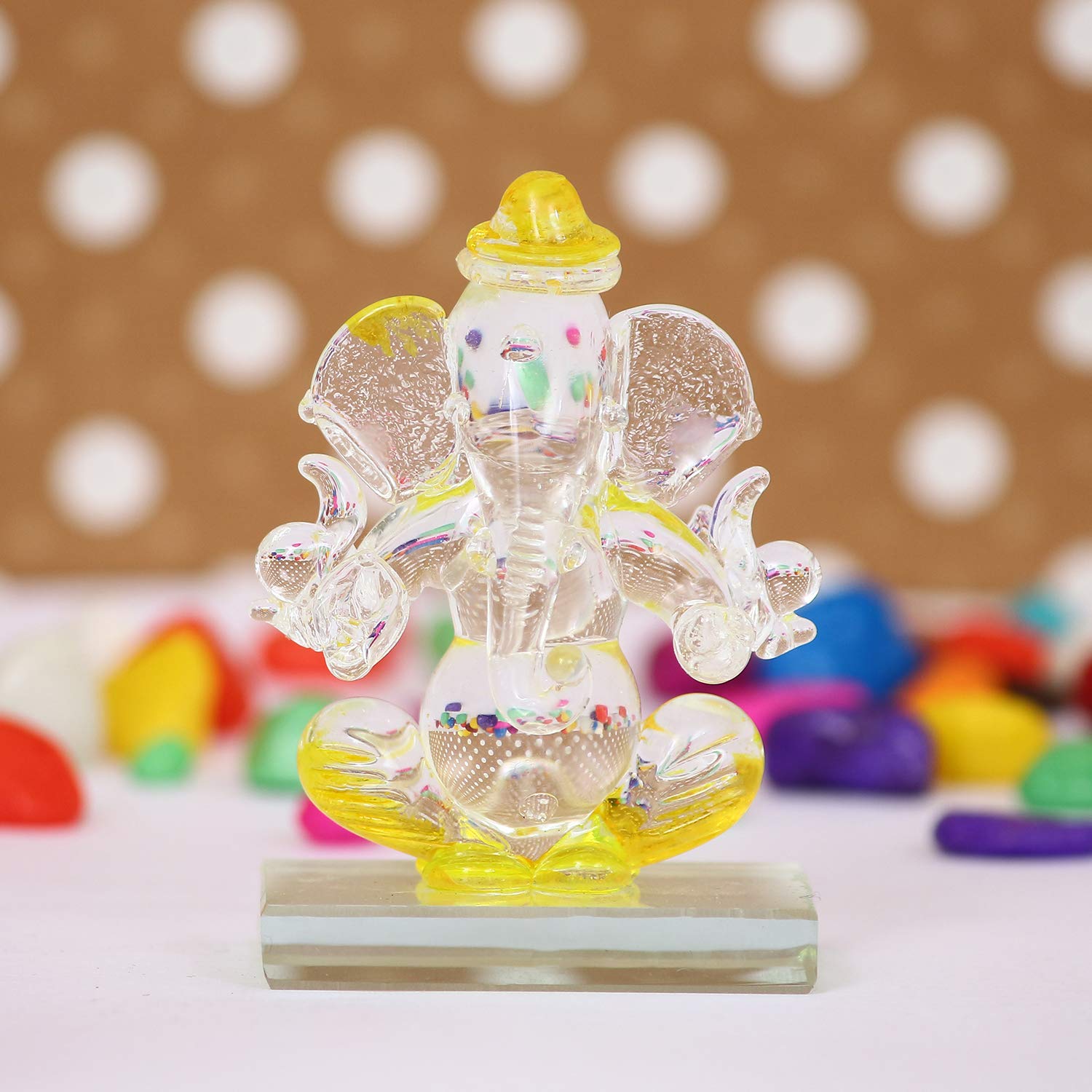 Ecraftindia Yellow And Transparent Double Sided Crystal Car Ganesha Showpiece